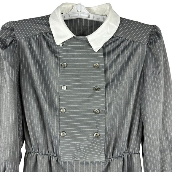 Vintage Gray Striped Long Sleeve Dress Size 14 Button Front White Collar - Picture 2 of 4